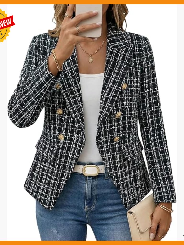 Tweed Plaid Blazer Slim Fit Double-Breasted Fully Lined Work Casual Jacket